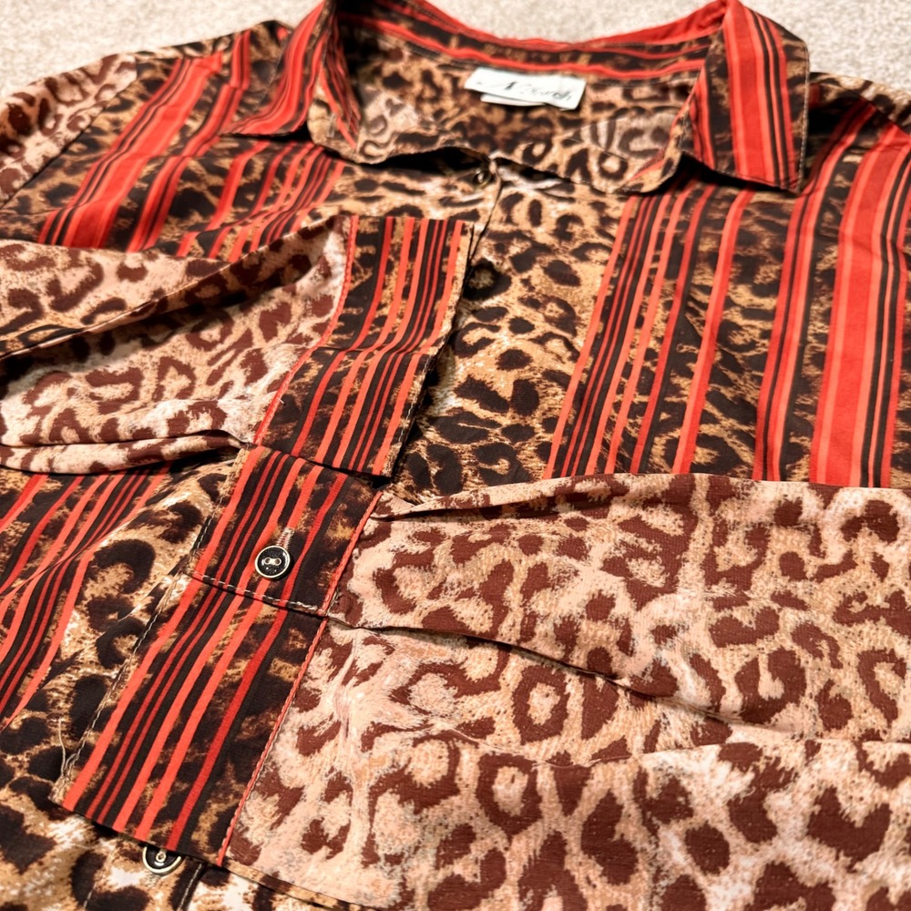 N Touch Womens Animal Print Striped Button Up Blouse Red Brown Long Sleeve Top